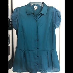 Teal blue blouse with sheer sleeves